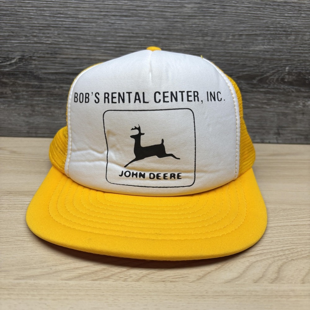 Vintage John Deere Hat Cap Snap Back Yellow Trucker Bob's Rental Center Mens 80s